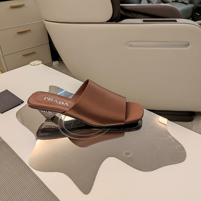 PRADA 26S TRIANGLE HEEL SANDALS 40MM IN BROWN SATIN