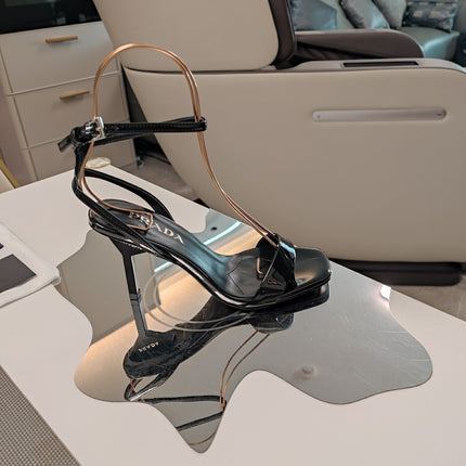 PRADA 26S ANKLE STRAP STILETTO SANDALS 90MM IN BLACK CALFSKIN