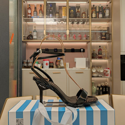 PRADA 26S ANKLE STRAP STILETTO SANDALS 90MM IN BLACK CALFSKIN