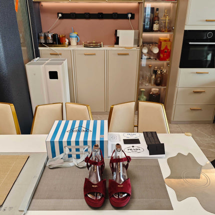 PRADA 26S HEELED SANDALS 65MM IN BURGUNDY RED SUEDE