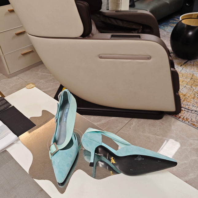 PRADA 26S POINTED-TOE HIGH-HEELED 70MM IN DUSTY TEAL BLUE SUEDE