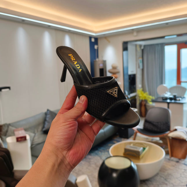 PRADA 26S MULE SANDALS 75MM IN BLACK CALFSKIN AND MESH GOLD HARDWARE
