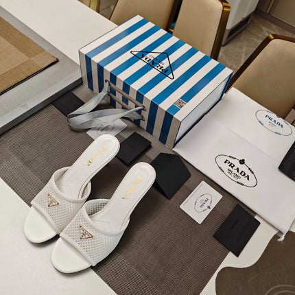 PRADA 26S MULE SANDALS 75MM IN WHITE CALFSKIN AND MESH GOLD HARDWARE