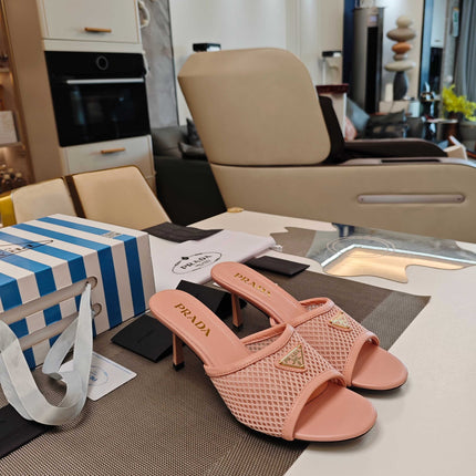 PRADA 26S MULE SANDALS 75MM IN BLUSH PINK CALFSKIN AND MESH GOLD HARDWARE