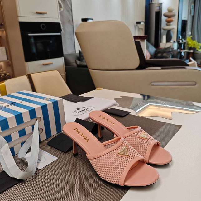 PRADA 26S MULE SANDALS 75MM IN BLUSH PINK CALFSKIN AND MESH GOLD HARDWARE