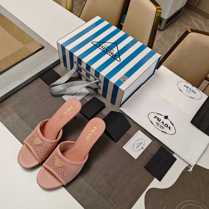 PRADA 26S MULE SANDALS 75MM IN BLUSH PINK CALFSKIN AND MESH GOLD HARDWARE