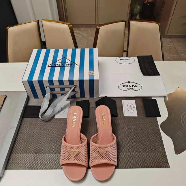 PRADA 26S MULE SANDALS 75MM IN BLUSH PINK CALFSKIN AND MESH GOLD HARDWARE
