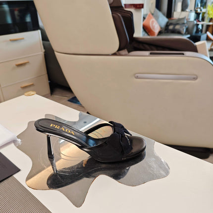 PRADA 26S HEEL MULE SANDALS 75MM IN BLACK CALFSKIN WITH BOW