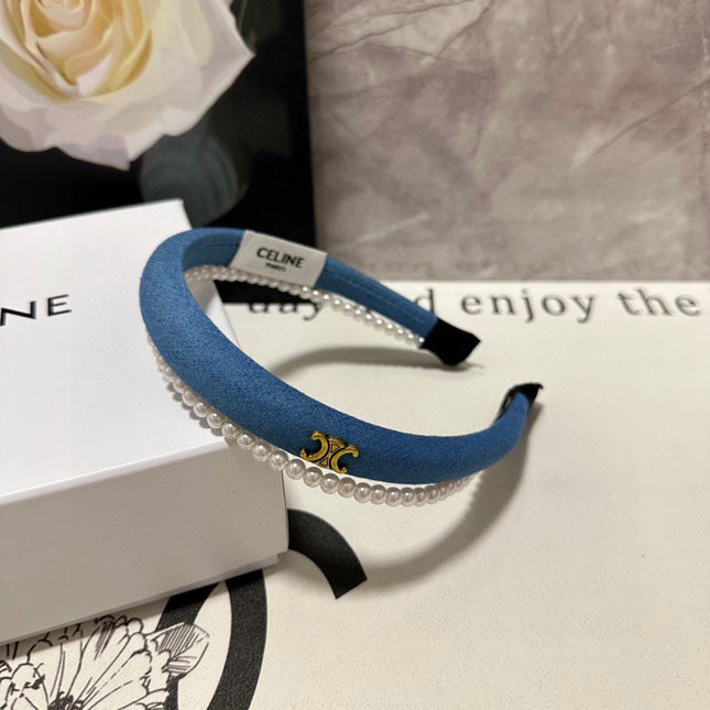 BRIGHT BLUE DENIM FABRIC HAIRBAND WITH PEARL CHAIN 400482