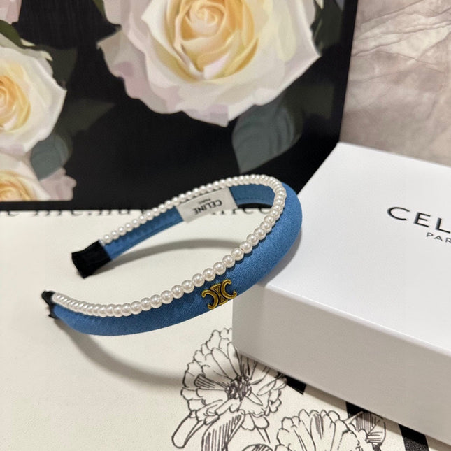 BRIGHT BLUE DENIM FABRIC HAIRBAND WITH PEARL CHAIN 400482
