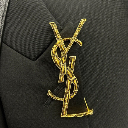 YSL 26S BAMBOO TEXTURED MONOGRAM BROOCH IN GOLD TONE METAL
