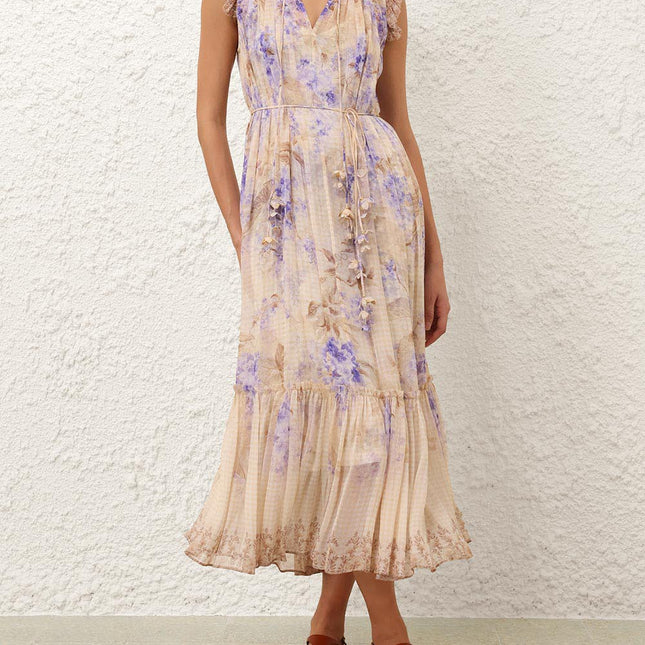 ZIMMER PLEATED V-NECK SLEEVELESS DRESS IN BEIGE MIX PURPLE