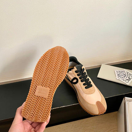 LOEWE 26S FLOW RUNNER SNEAKER IN LIGHT BROWN SUEDE AND BLACK SHEEPSKIN