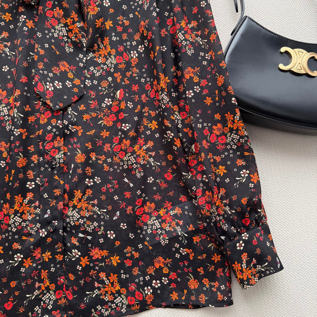 GUCCI 26S LONG-SLEEVE FLORAL BOW-TIE BLOUSE 485