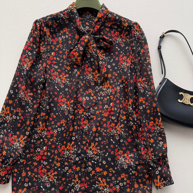 GUCCI 26S LONG-SLEEVE FLORAL BOW-TIE BLOUSE 485