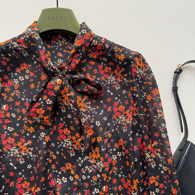 GUCCI 26S LONG-SLEEVE FLORAL BOW-TIE BLOUSE 485