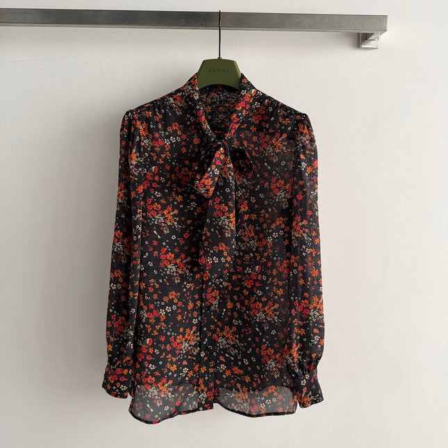 GUCCI 26S LONG-SLEEVE FLORAL BOW-TIE BLOUSE 485