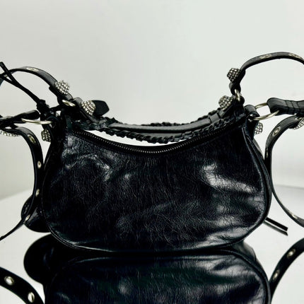 LE CAGOLE SMALL SHOULDER BAG 26 WITH RHINESTONES IN BLACK ARENA LAMBSKIN SILVER HARDWARE