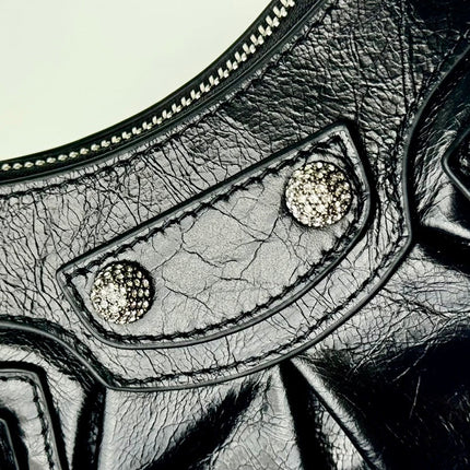 LE CAGOLE SMALL SHOULDER BAG 26 WITH RHINESTONES IN BLACK ARENA LAMBSKIN SILVER HARDWARE