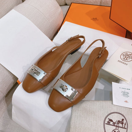 HM 26S INNOCENTE SLINGBACK IN CARAMEL BROWN CALFSKIN SILVER HARDWARE