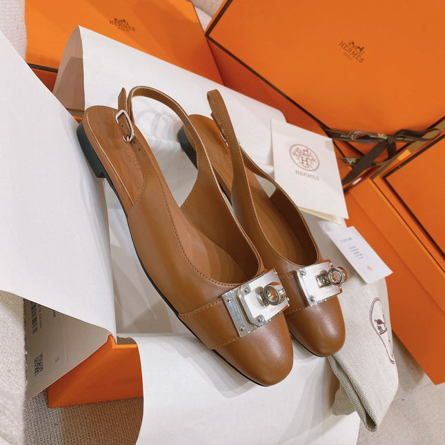 HM 26S INNOCENTE SLINGBACK IN CARAMEL BROWN CALFSKIN SILVER HARDWARE
