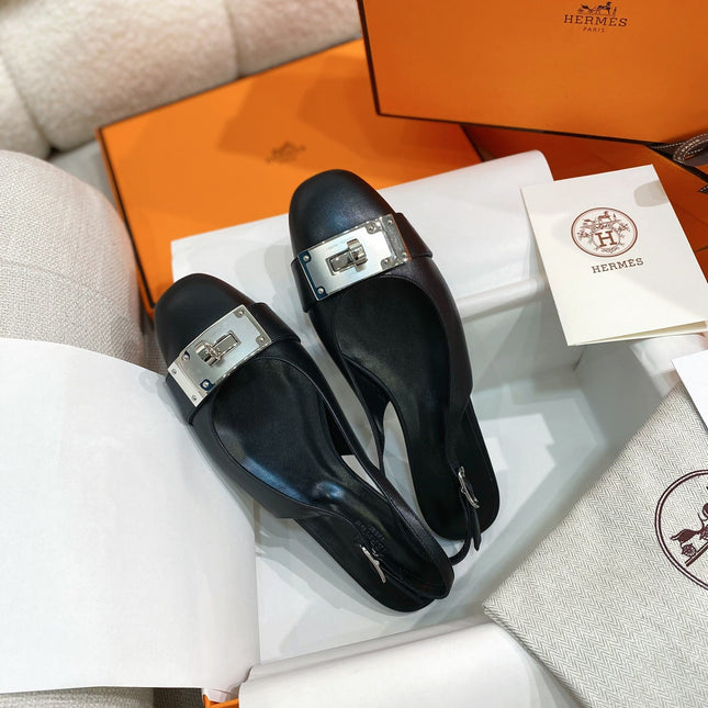 HM 26S INNOCENTE SLINGBACK IN BLACK CALFSKIN SILVER HARDWARE