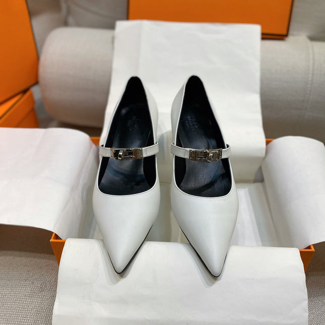 HM 26S MARY JANE POINTED TOE HEELS 40MM IN CREAM WHITE CALFSKIN KELLY BUCKLE