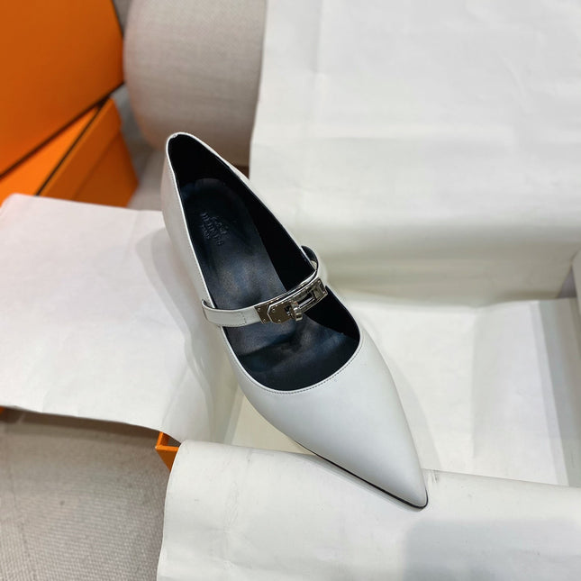 HM 26S MARY JANE POINTED TOE HEELS 40MM IN CREAM WHITE CALFSKIN KELLY BUCKLE