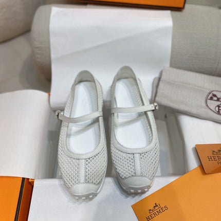 HM 26S KICHU BALLET FLAT IN WHITE CROCHET KNIT AND CALFSKIN