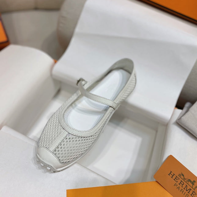HM 26S KICHU BALLET FLAT IN WHITE CROCHET KNIT AND CALFSKIN