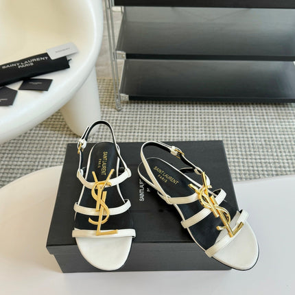 Yves SL Buckle Women Sandals Black White Leather