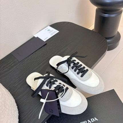 SNEAKER MULES IN BEIGE SUEDE AND WHITE NYLON