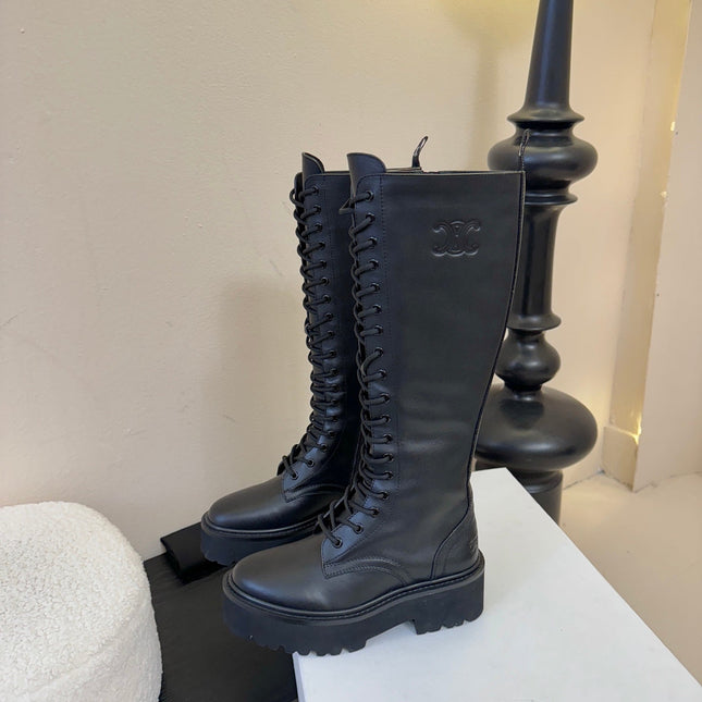 CELINE 26S LACE-UP HIGH-TOP BOOTS 45 MM IN BLACK CALFSKIN