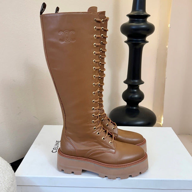 CELINE 26S LACE-UP HIGH-TOP BOOTS 45 MM IN BROWN CALFSKIN