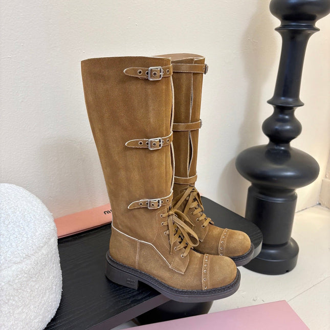 MIUMIU 25S ARMY BOOTS IN BROWN SUEDE