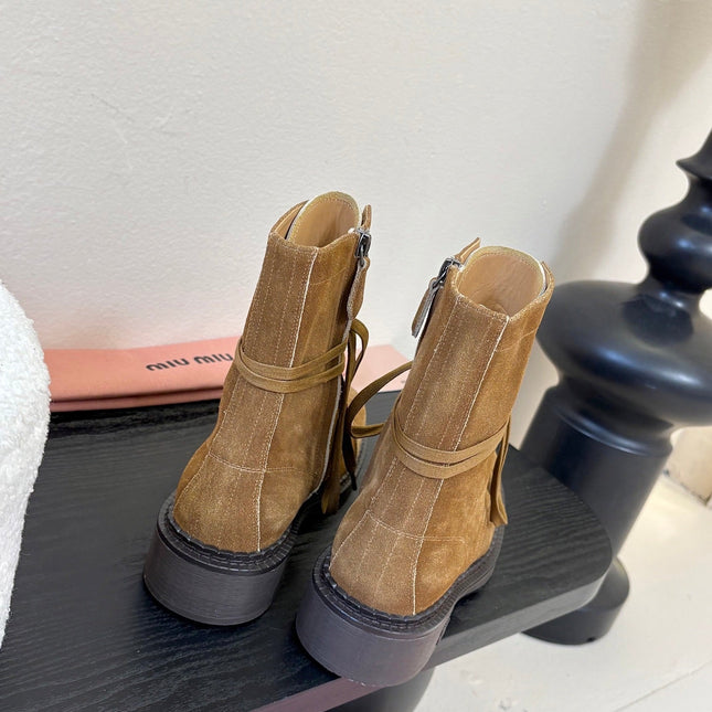 MIUMIU 25S LACED BOOTIES IN CINNAMON BROWN SUEDE