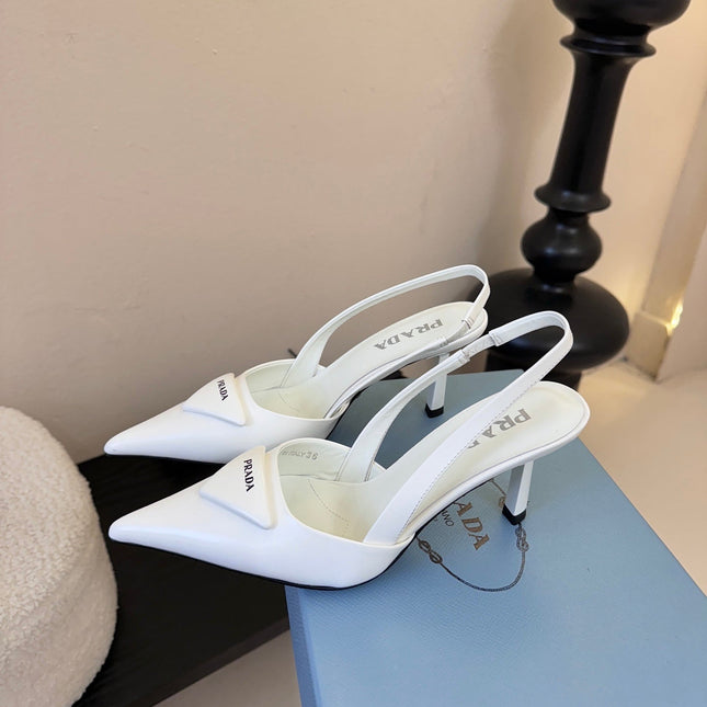 PRADA 26S POINTED TOE SLINGBACK HEELS 60MM IN WHITE CALFSKIN WITH LOGO