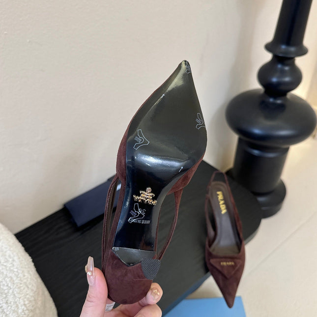 PRADA 26S POINTED TOE SLINGBACK HEELS 60MM IN DARK BROWN SUDE WITH LOGO