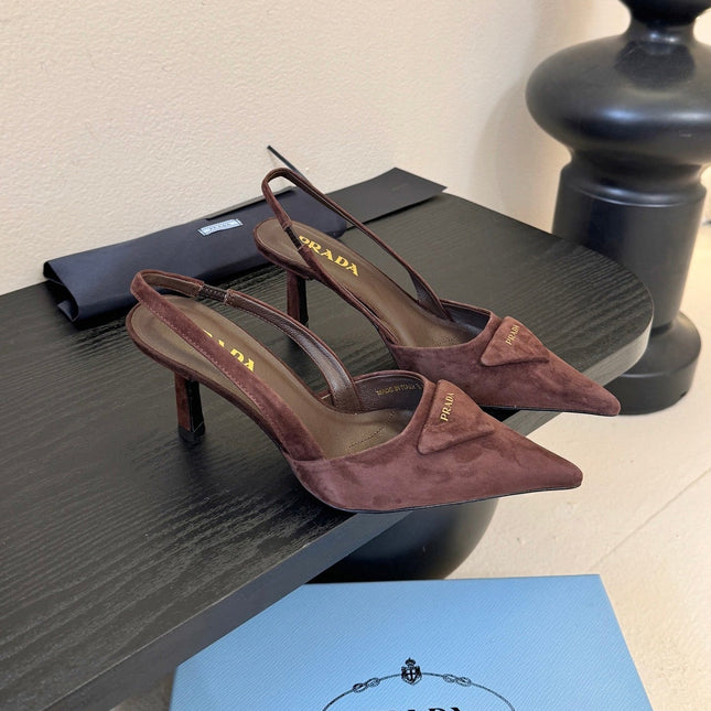 PRADA 26S POINTED TOE SLINGBACK HEELS 60MM IN DARK BROWN SUDE WITH LOGO