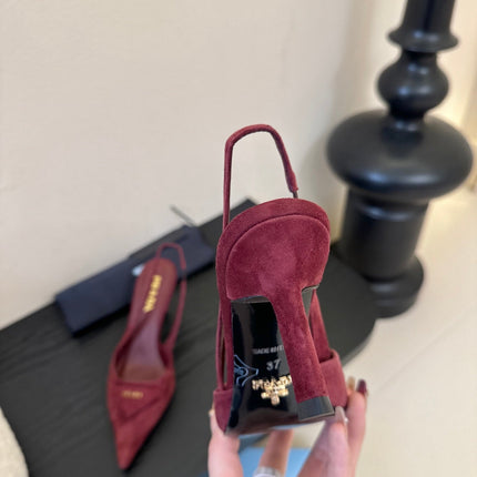 PRADA 26S POINTED TOE SLINGBACK HEELS 60MM IN DARK RED SUDE WITH LOGO