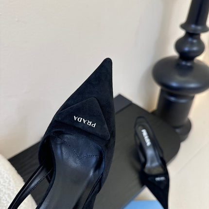 PRADA 26S POINTED TOE SLINGBACK HEELS 60MM IN BLACK SUDE WITH LOGO