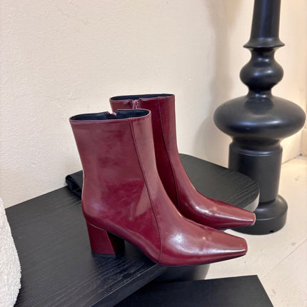 YSL 26S HEELED ANKLE BOOTS IN DARK RED SHINY CALFSKIN