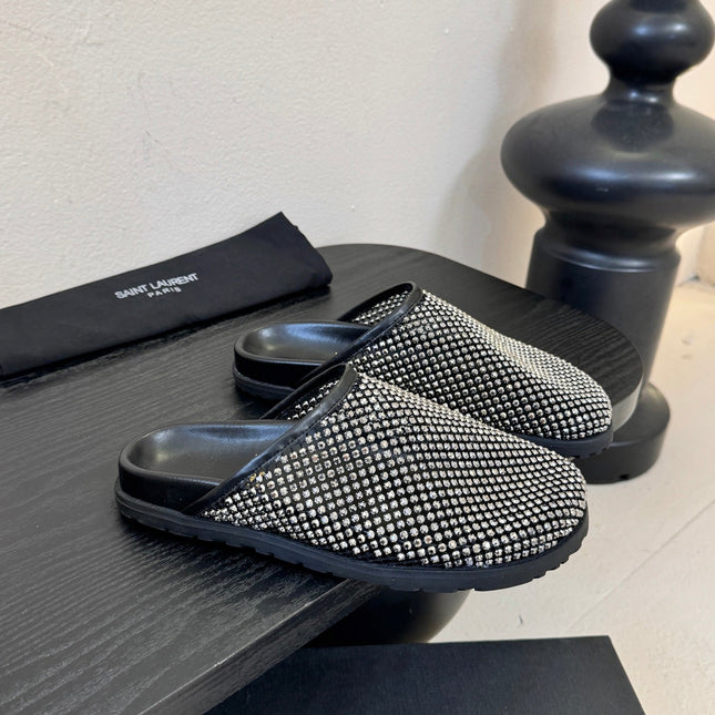 YSL 26S MESH MULES IN BLACK CALFSKIN AND WITH RHINESTONES