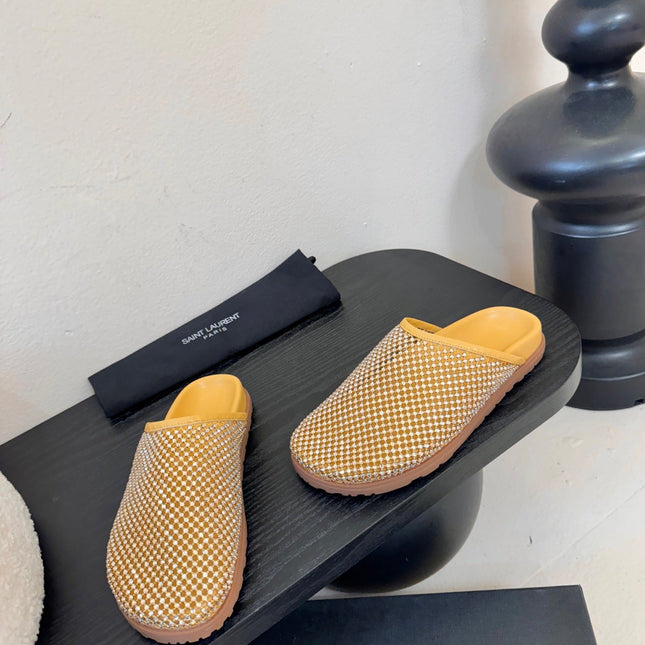 YSL 26S MESH MULES IN BEIGE YELLOW CALFSKIN AND WITH RHINESTONES