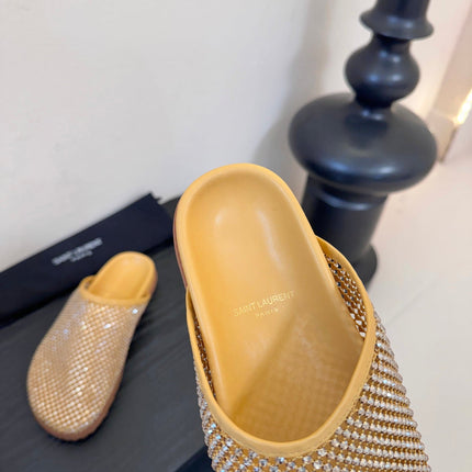 YSL 26S MESH MULES IN BEIGE YELLOW CALFSKIN AND WITH RHINESTONES
