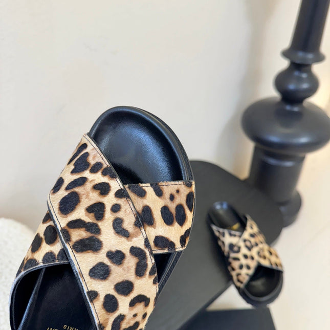 YSL 26S CROSS-STRAP SANDALS IN LEOPARD PRINT CALFSKIN HAIR