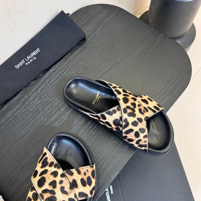 YSL 26S CROSS-STRAP SANDALS IN LEOPARD PRINT CALFSKIN HAIR