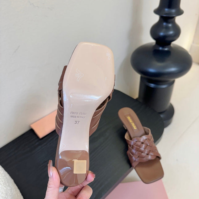 MIUMIU 26S IVETTE WOVEN HEELED SANDALS 40MM IN BROWN CALFSKIN