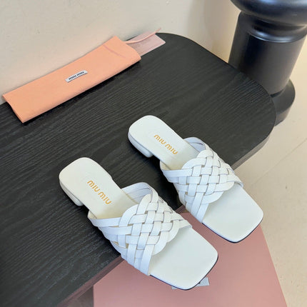 MIUMIU 26S IVETTE WOVEN SLIDE SANDALS IN WHITE CALFSKIN