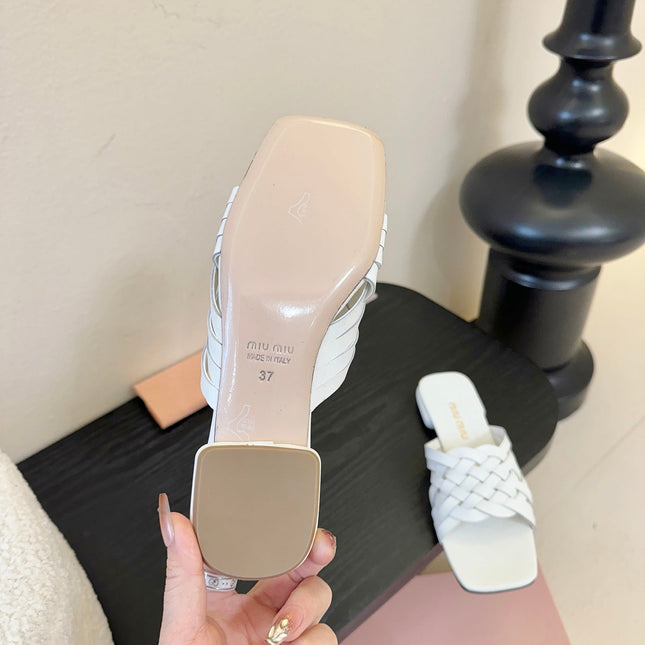 MIUMIU 26S IVETTE WOVEN SLIDE SANDALS IN WHITE CALFSKIN